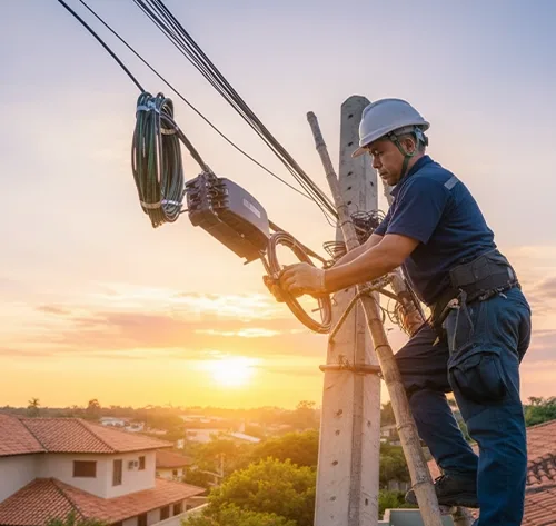 Ilustração de uma infraestrutura de rede de fibra óptica, com cabos de fibra transmitindo dados em alta velocidade, representando os benefícios de investir em conectividade estável, escalável e de alto desempenho para empresas e provedores de internet.