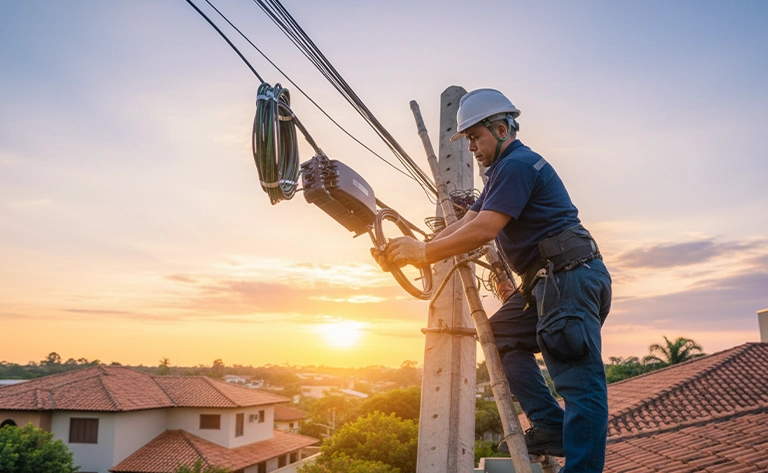 Ilustração de uma infraestrutura de rede de fibra óptica, com cabos de fibra transmitindo dados em alta velocidade, representando os benefícios de investir em conectividade estável, escalável e de alto desempenho para empresas e provedores de internet.