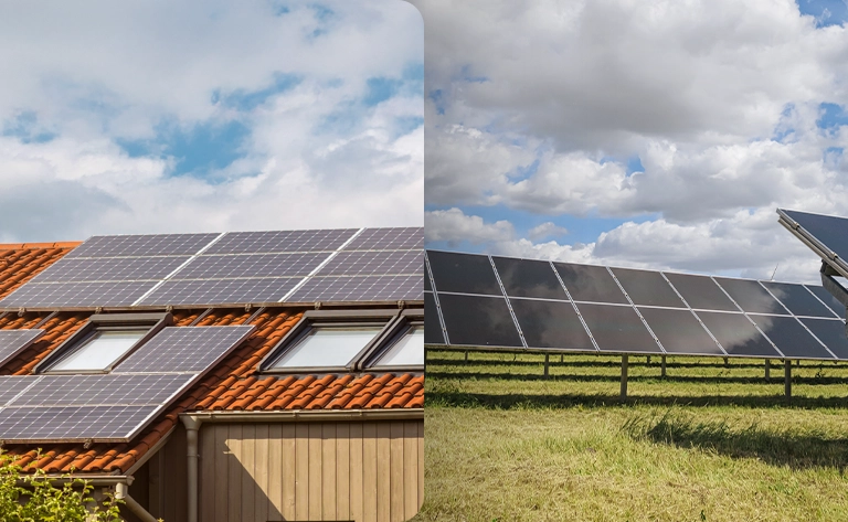 Sistemas de energia solar on-grid e off-grid: o primeiro conectado à rede elétrica e o segundo independente, com baterias que garantem autonomia e sustentabilidade.