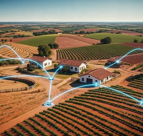 "Ilustração de dispositivos conectados via Internet das Coisas, mostrando aplicações em casa inteligente, indústria e cidades conectadas, destacando conceito, vantagens e usos da tecnologia IoT.