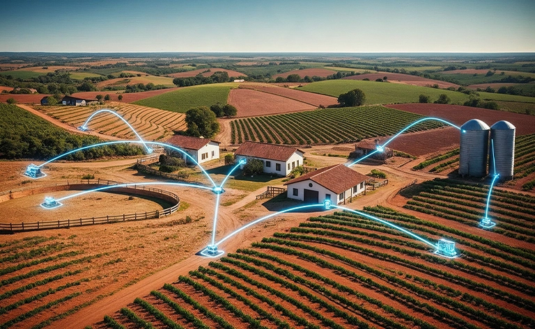 "Ilustração de dispositivos conectados via Internet das Coisas, mostrando aplicações em casa inteligente, indústria e cidades conectadas, destacando conceito, vantagens e usos da tecnologia IoT.