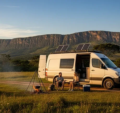 Motorhome equipado com painéis solares, gerando energia limpa para alimentar aparelhos e garantir autonomia durante viagens.