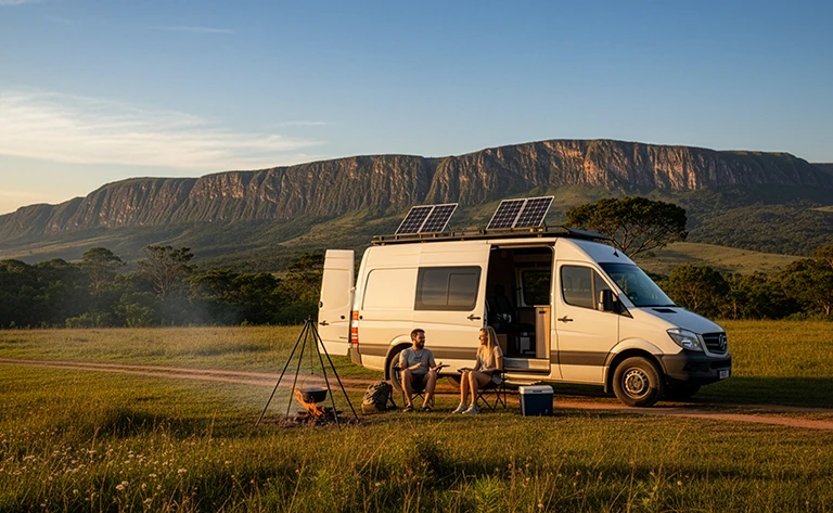 Motorhome equipado com painéis solares, gerando energia limpa para alimentar aparelhos e garantir autonomia durante viagens.