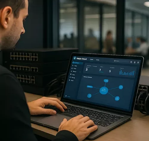Profissional gerenciando switches de rede com interface Ruijie Cloud em notebook