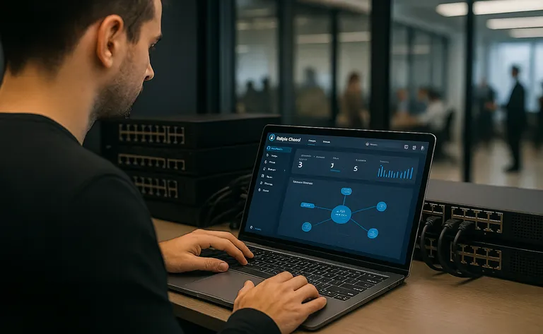 Profissional gerenciando switches de rede com interface Ruijie Cloud em notebook