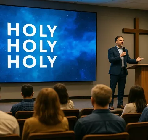 Painel de LED instalado em igreja moderna com púlpito ao fundo e fiéis assistindo ao culto.