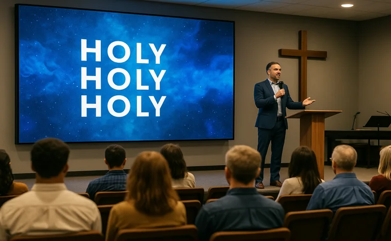 Painel de LED instalado em igreja moderna com púlpito ao fundo e fiéis assistindo ao culto.