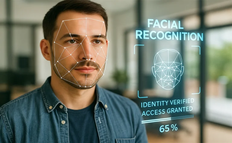 Sistema de reconhecimento facial analisando o rosto de um homem em ambiente corporativo com tecnologia de IA.
