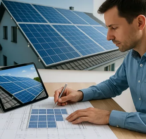 Engenheiro projetando instalação de placas solares com tablet e planta baixa em ambiente técnico.