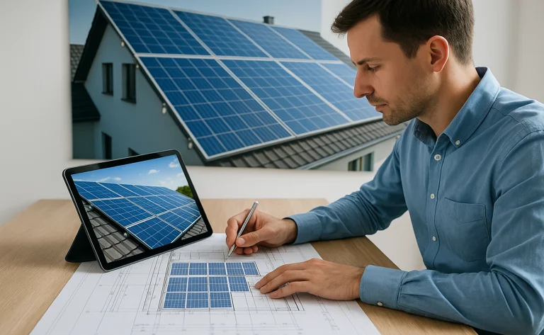 Engenheiro projetando instalação de placas solares com tablet e planta baixa em ambiente técnico.