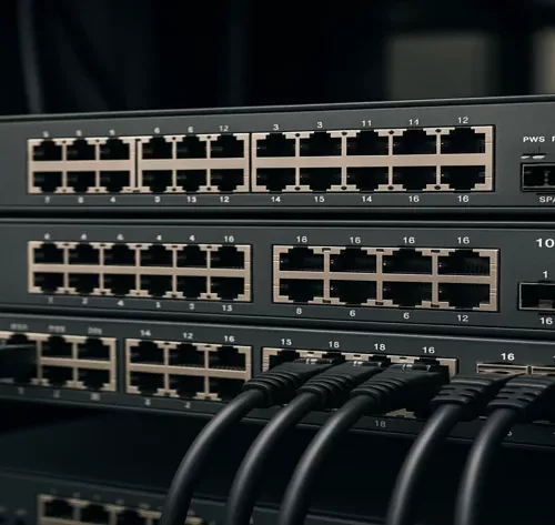 Switches empilháveis organizados em rack com cabos conectados em ambiente de rede corporativa.