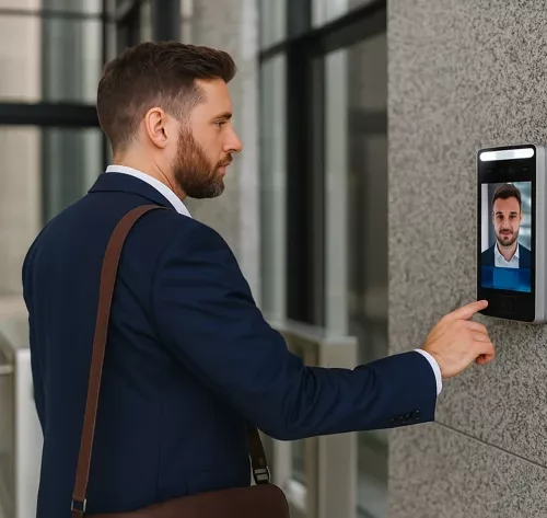 Terminal Hikvision de controle de acesso facial em uso por profissional na entrada de prédio comercial