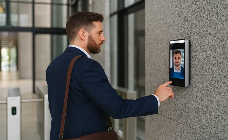 Terminal Hikvision de controle de acesso facial em uso por profissional na entrada de prédio comercial