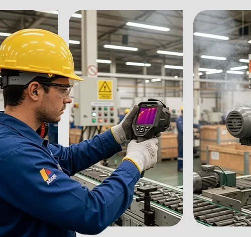 Câmeras térmicas monitorando processos industriais em tempo real, contribuindo para a automação, detecção de falhas e aumento da eficiência operacional.